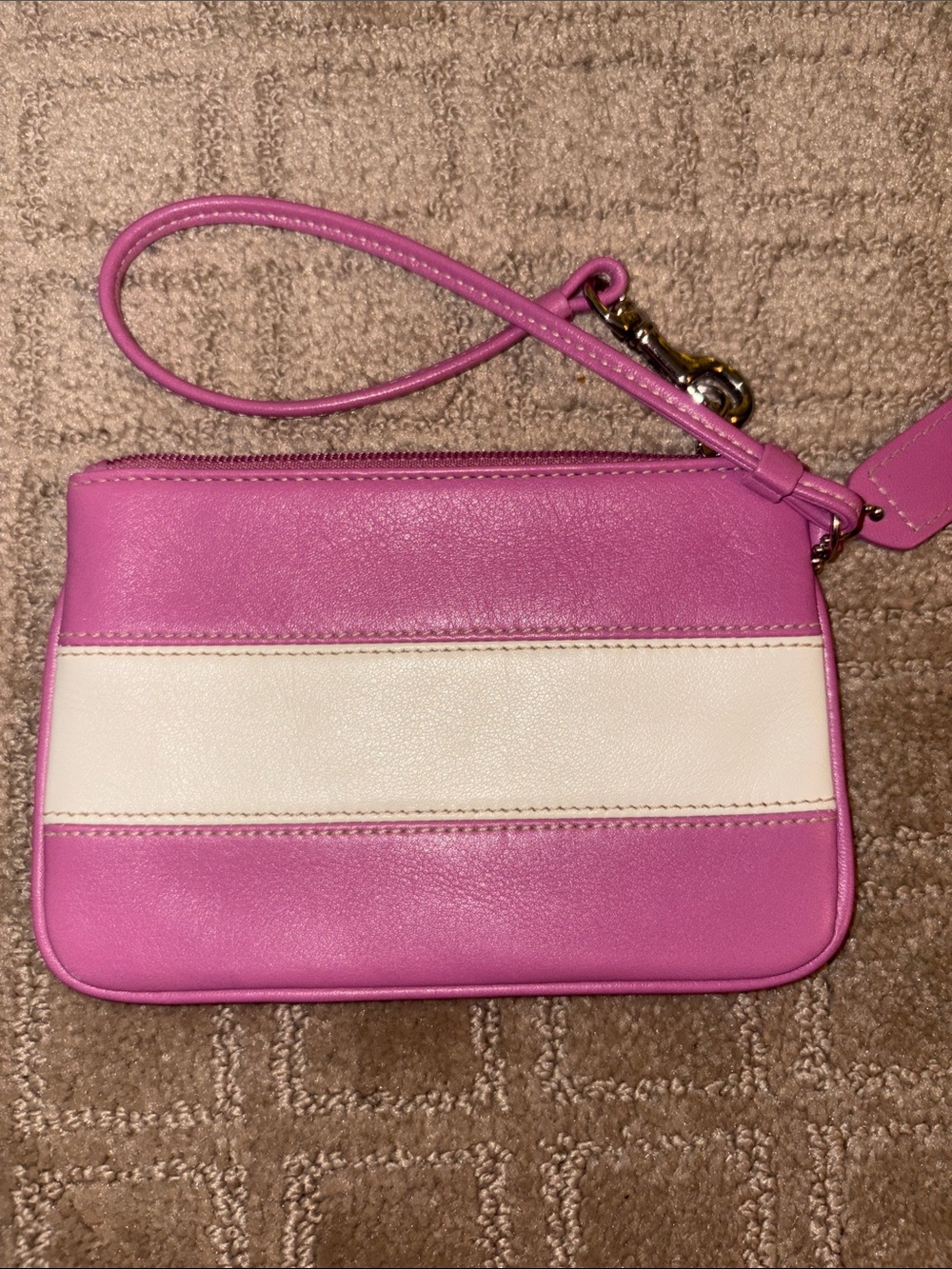 Vintage Coach Pink and Cream Smooth Leather Varsity Stripe Wristlet